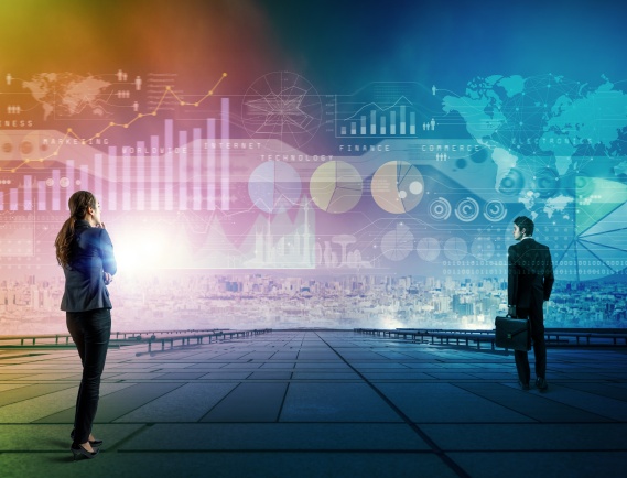 businessman and businesswoman looking at business information. abstract mixed media.